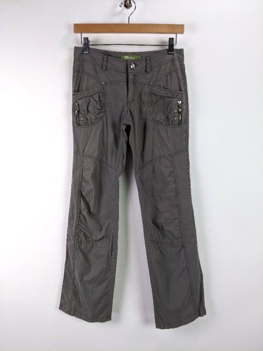 G&L Womens Cargo Utility Pants Ruched Zip Pockets Straight Leg Gray Size XS/S